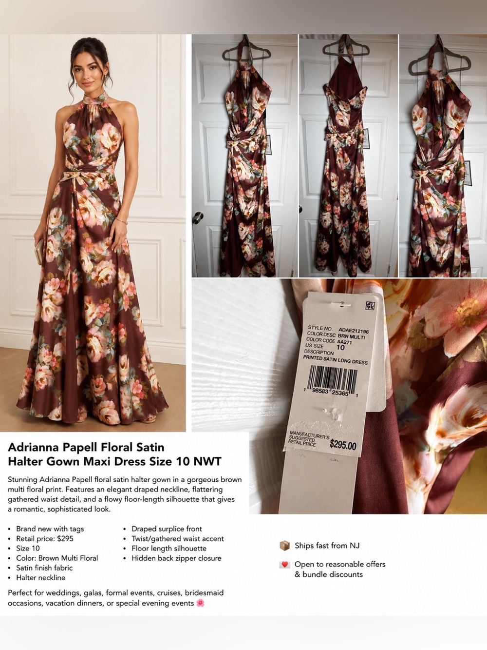 Adrianna Papell Floral Satin Twist Waist Halter Gown Brown Multi NWT - Picture 8 of 12